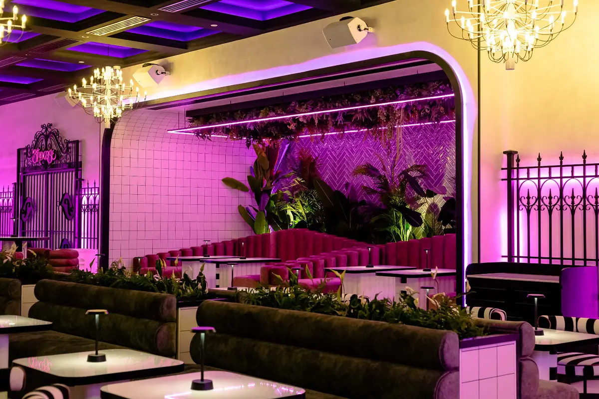 Bird Cage dining room in pink light in Business Bay