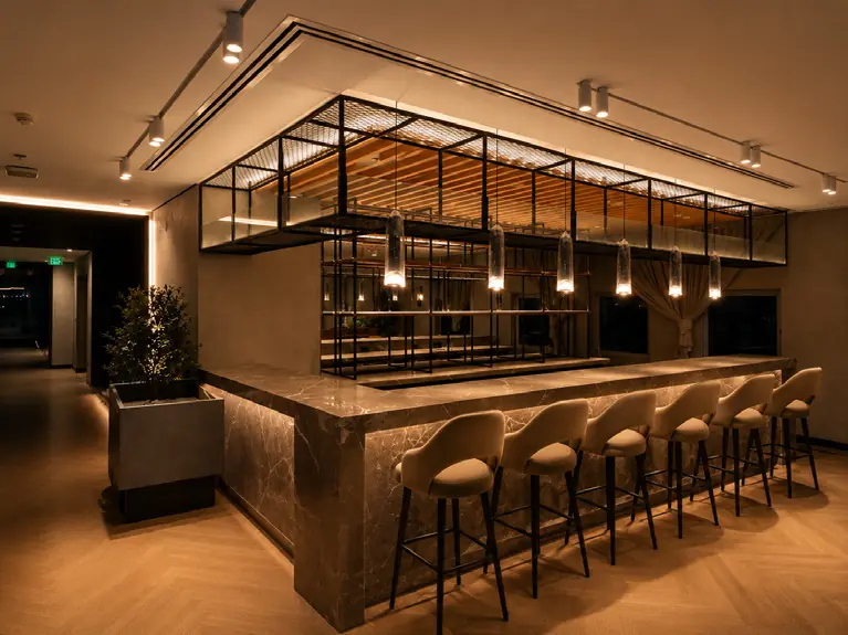Roka Lounge bar with its steel canopy on Yas Island
