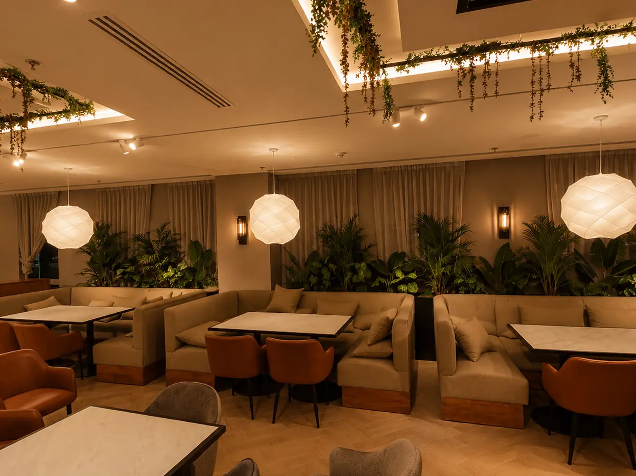 Roka Lounge dining room at dusk on Yas Island